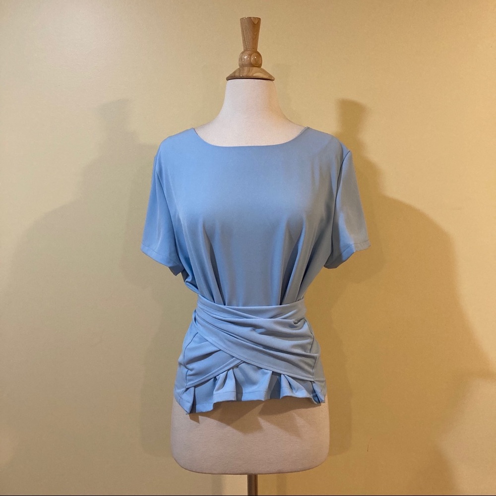 Tie Front Short Sleeve Cropped Blouse Baby Blue - Picture 8 of 9